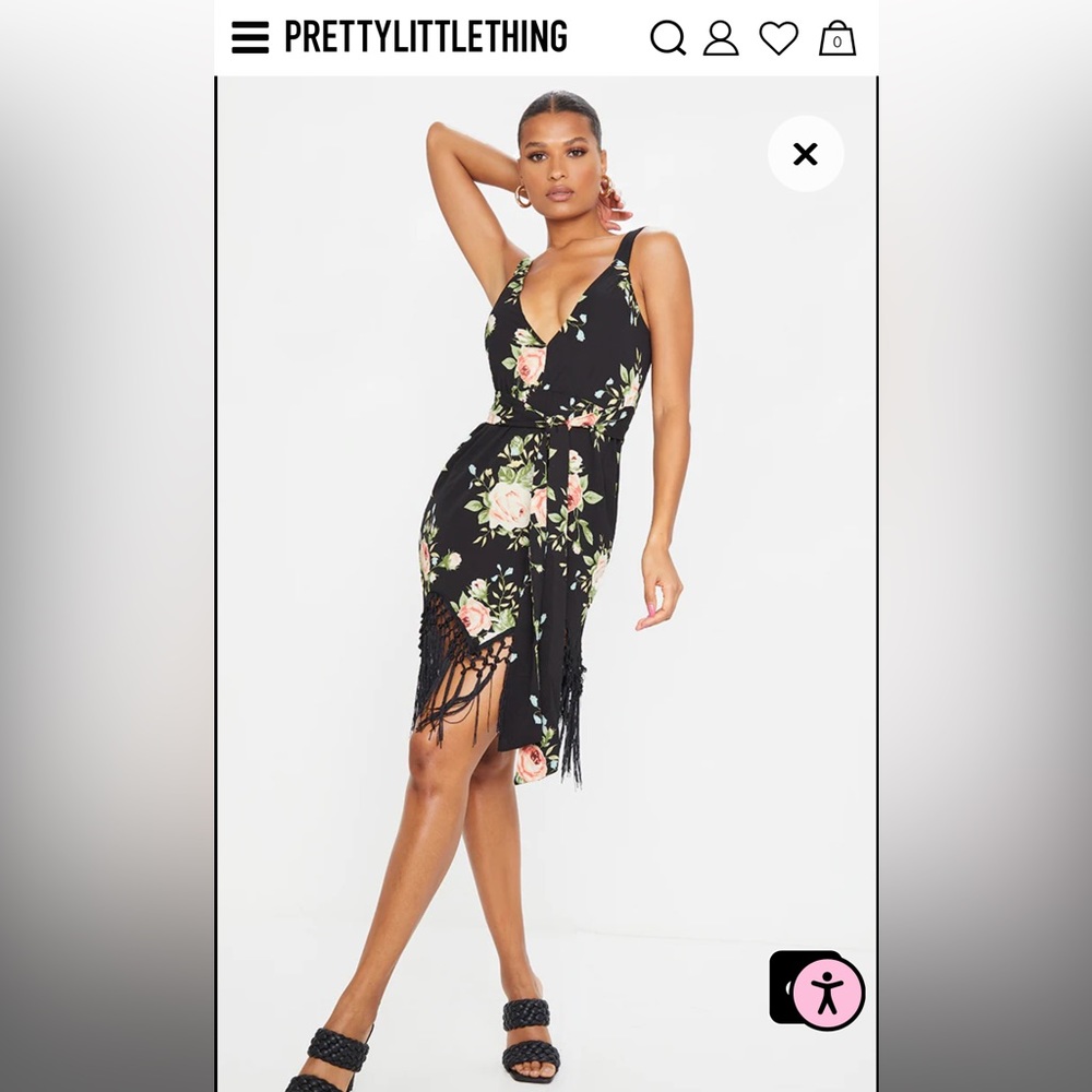 Black Floral Tassel Hem Midi Dress- pretty little thing